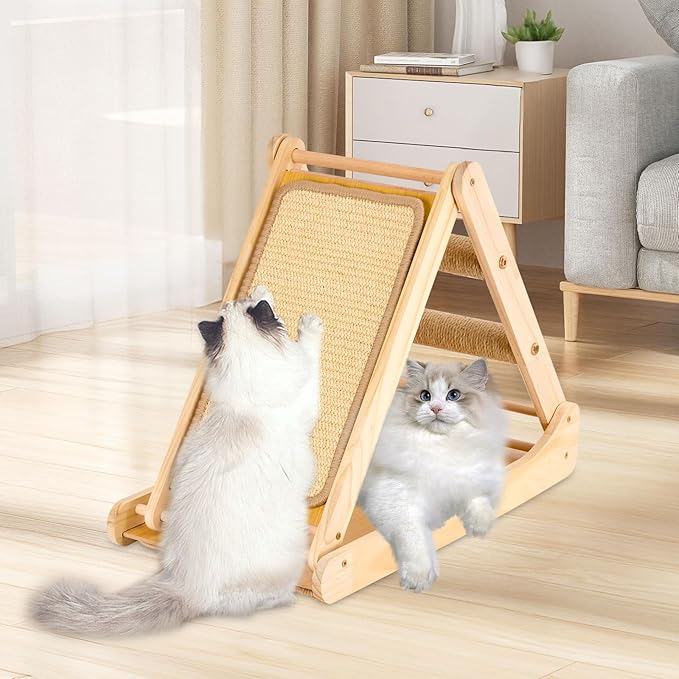 Sisal Cat Scratcher, Foldable Wooden Cat Scratcher and Lounge, Cat Ramp and Cozy Nest for Indoor Cats