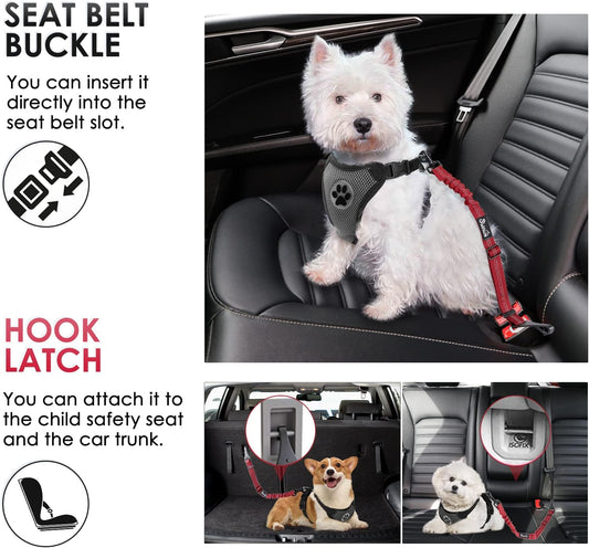 SlowTon 2 Pack Dog Seat Belt, 2 in 1 Attachment, Hook Latch Bar or Seatbelt Buckle with Elastic Nylon Bungee Buffer Adjustable Reflective Nylon Safety Belt Tether Connect to Dog Harness (2pack-R)