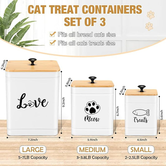 Metal Airtight Cat Food Containers Set of 3 with Bamboo Lids and Spoon 7+3+2 Lbs Cat Treat Storage Container Countertop with DIY Labels Pet Cookie Organizer Jars for Kitchen Counter(White)