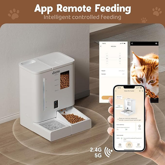 Automatic Cat Feeder with Camera,5G/2.4G WiFi Pet Feeder,2K HD Video and Night Vision,Easy APP Operation,Low Food and Food Clogging APP Tips,Water and Grain Large Capacity Feeder