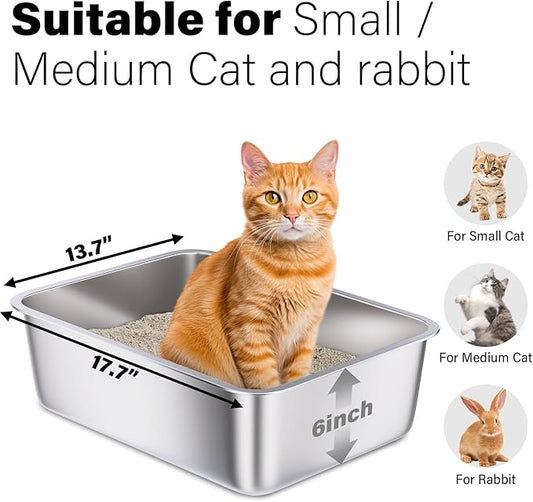 Stainless Steel Litter Box, 18"x14"x6"(Height) Medium Metal Cat Litter Box Easy Clean, Non Stick Litterbox No Smell for Cats or Kitty, Rabbits