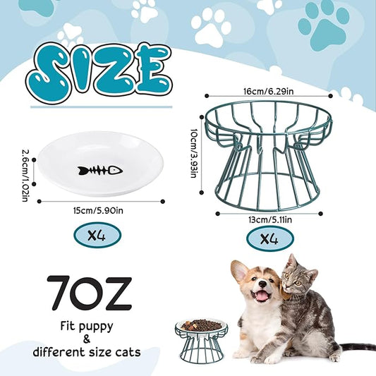 Roshtia 4 Sets Elevated Cat Bowls Ceramic Raised Cat Food Bowls with Metal Stand Dishwasher Safe Dishes Non Slip Elevated Food Plate(Black, Green,Fishbone, Paw)