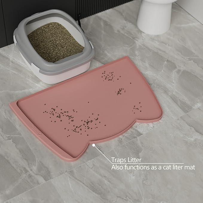 OHMO Dog Food Mat(Rose, 24 * 15'') w/Residue Collection Pocket Silicone Pet Feeding Mat for Floor High Edges Anti Spills Waterproof Cat Water Bowl Tray, Easy Clean Placemat