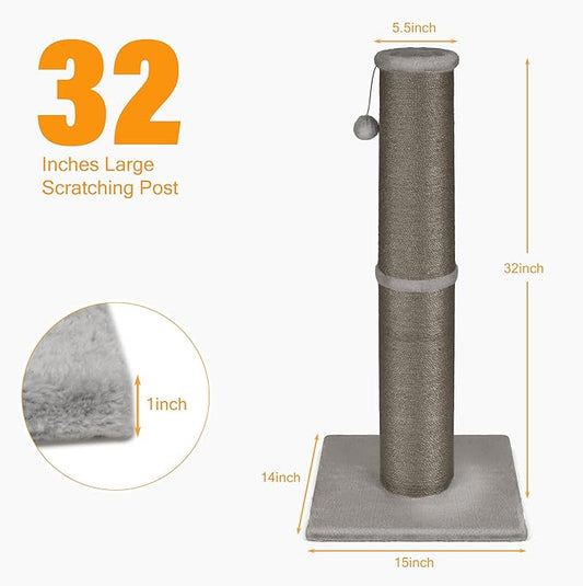 PAWSCRAT Cat Scratching Post 32 Inch High, 5.5 Inch Large Diameter Natural Sisal Cat Scratch Post, Scratch-Resistant and Durable Tall Cat Scratcher for Indoor Cats, Protect Your Furniture, Gery