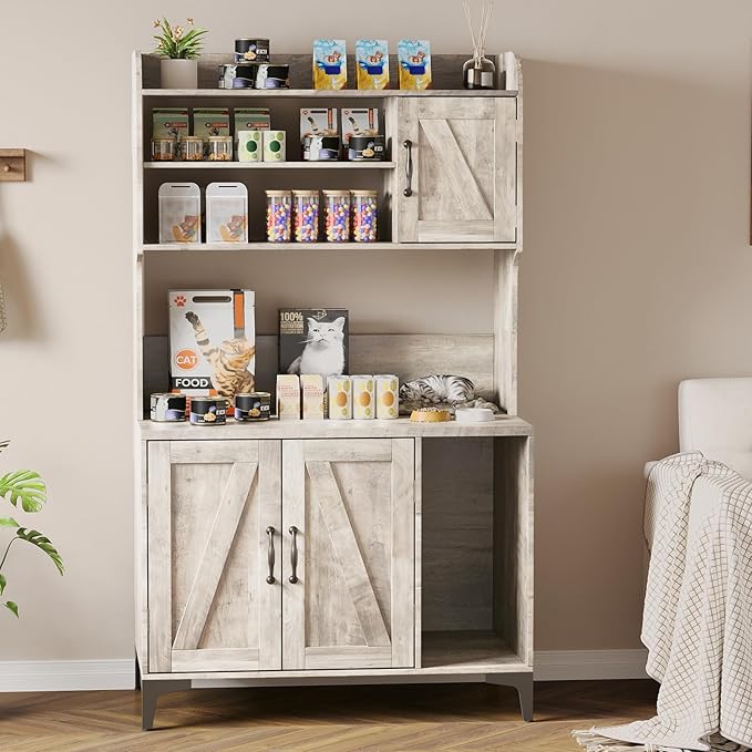 Large Cat Litter Box Enclosure Furniture with 3 Open Shelves and Storage Cabinet, Farmhouse Cat House Washroom with Scratch Pad, Modern Wood Pet House Side End Table for Livingroom Bedroom