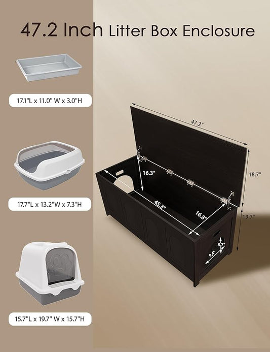 DINZI LVJ Cat Litter Box Enclosure, Flip Top Litter Box Furniture, Hidden Cat Washroom, 2-Entrances Wooden Pet House, 47.2" L x 18.7" W x 19.7" H, End Side Table, TV Stand, Easy to Assemble, Espresso