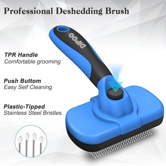 Self-Cleaning Brush for Pet Deshedding - Skin-Friendly Grooming Tool for Dogs and Cats, Blue