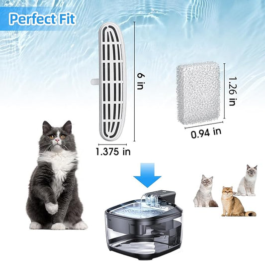 16 Pack Cat Water Fountain Filters-Cat Fountain Replacement Filters for Stainless Steel 108/3.2L Adjustable Water Flow Pet Water Fountain(8 Filters&8 Sponges)