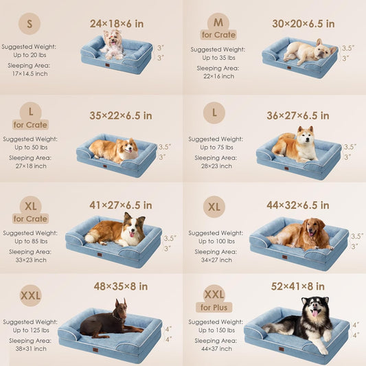 EHEYCIGA Orthopedic Dog Beds for Large Dogs, Waterproof Memory Foam Large Dog Bed with Sides, Non-Slip Bottom and Egg-Crate Foam Pet Couch Bed with Washable Removable Cover, Washed Blue