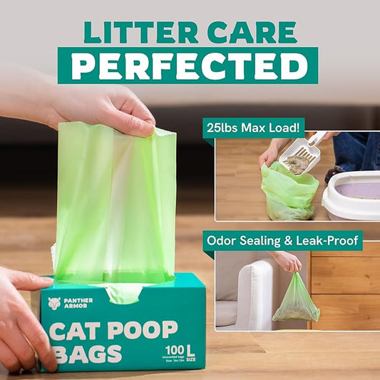 Panther Armor Litter Bags - 200x Unscented Compostable Cat Poop Bags 16x12in Super Large Cat- Kitty Leak Proof Box Trash, Odor Proof Cat Litter Disposal Bags