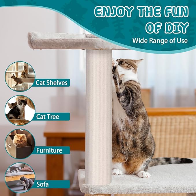 Climbing Cat Scratcher Mat Trimmable Cat Scratching Post Carpet 118’’x15.8’’ Self Adhesive Carpet Mat Pad Replacement for Cat Tree Shelves Post Couch Wall Furniture Steps DIY Protector (Cream White)