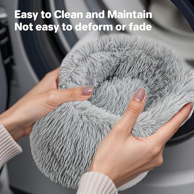 Cat Bed - Calming Cat Bed for Small Kittens Donut Washable Round for Indoor Kittens and Puppies, Anti-Slip Round Fluffy Plush Faux Fur, Medium, Light Grey