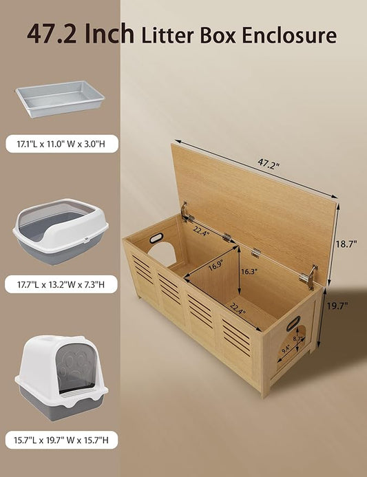 DINZI LVJ Litter Box Enclosure Furniture for 2 Cats, Flip Top Opening Hidden Litter Box with Double Rooms, Dual Pet House with Good Ventilation, 47.2" Wooden Cat Washroom, Easy Assembly, Natural