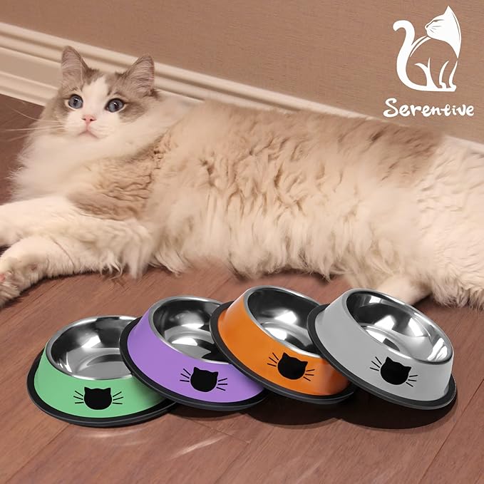 3Pcs Cat Bowls, Non-Slip Stainless Steel, 7 Oz, Suitable for Indoor Pets, Removable Rubber Base, Lovely Color