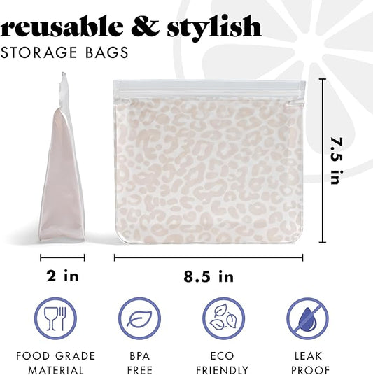 Fit & Fresh Reusable PEVA Storage Bags 3 Pack, Reusable Food Storage Bags, LeakProof, Durable, Freezer Safe, Hand Wash, Easy to Clean, Eco-Friendly, Ivory Feline Fine