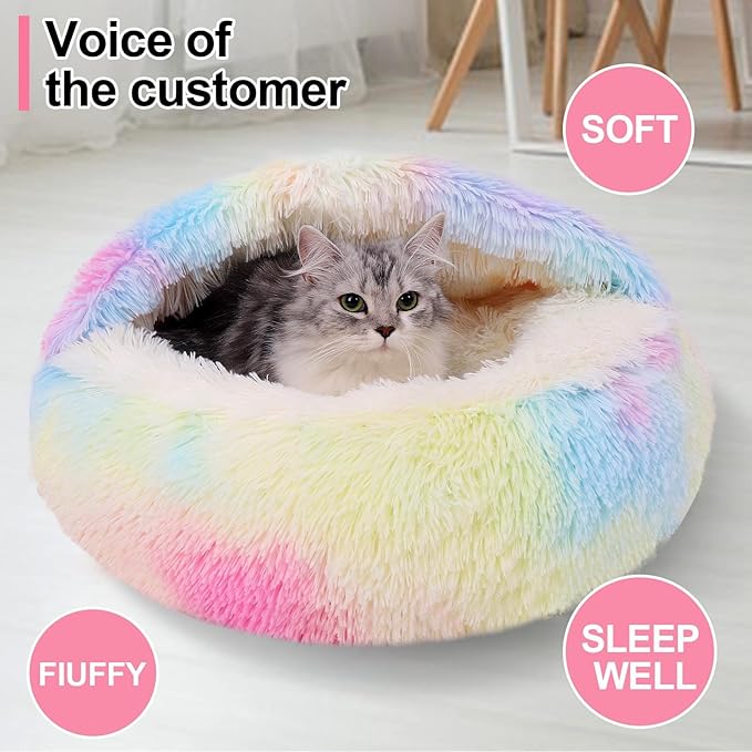 Calming Dog Beds & Cat Cave Bed with Hooded Cover,Removable Washable Round Beds for Small Medium Pets,Anti-Slip Faux Fur Fluffy Coved Bed for Improved Sleep,Fits up to 15/25 lbs(Colorful,S)