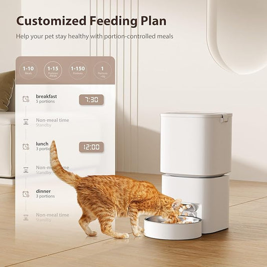 5L/21 Cups Automatic Cat Feeder, Timed Automatic Pet Feeders, Cat Dry Food Dispenser Dual Power, 10 Meals Programmable 1-15 Portion Control Cats Feeder, Pet Food Dispenser for Cats & Puppy(Not WiFi)