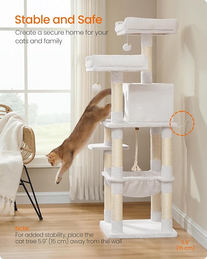 Feandrea Cat Tree, 56.3-Inch Cat Tower for Indoor Cats, Multi-Level Cat Condo with 11 Scratching Posts, 2 Perches, Cave, Hammock, Cream White UPCT015W02
