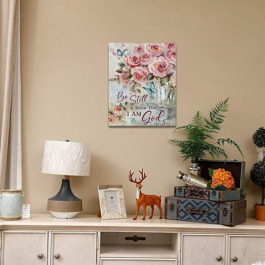 Farmhouse Rose Wall Art Christian Scripture Pictures Pink Rose Wall Decor Rustic Floral Butterfly Canvas Print Painting Artwork for Bathroom Living Room Bedroom 16"x20"