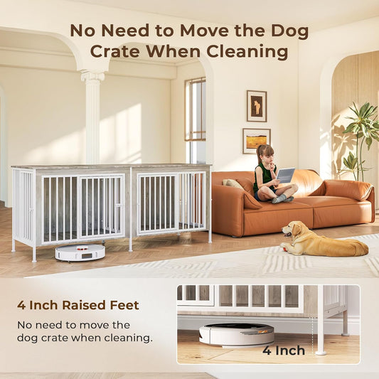 78 Inch Dog Cage Furniture for 2 Large/Medium Dogs with Removable Divider, Extra Large Double Doors Dog Kennel, XXL Thick Wooden Dog cage Furniture, Durable and Sturdy, Beige