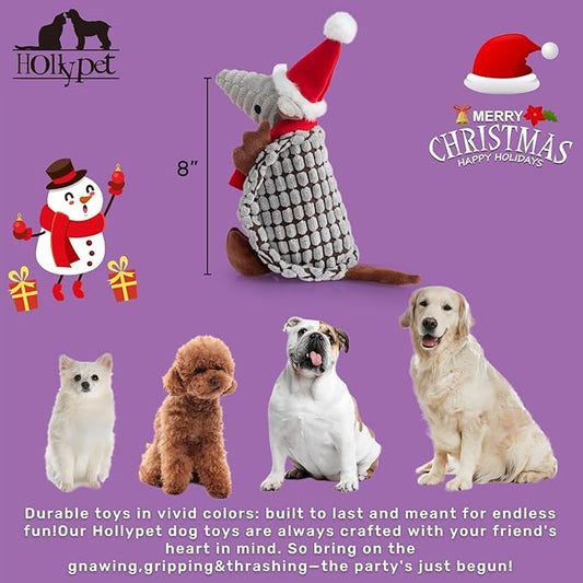 Hollypet Plush Dog Squeaky Toy Stuffed Armadillo Animal Pet Puppy Chew Toys with Clean Teeth for Small Medium Large All Breed Sizes Dogs, Christmas Gray, 8 in