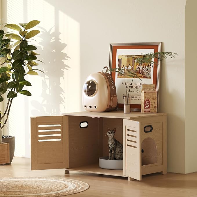 DINZI LVJ Litter Box Enclosure, Wooden Cat House with Good Ventilation, 27.6" Hidden Cat Washroom, Entrance Can Be on Left or Right, Indoor Litter Box Furniture, End Table, Natural