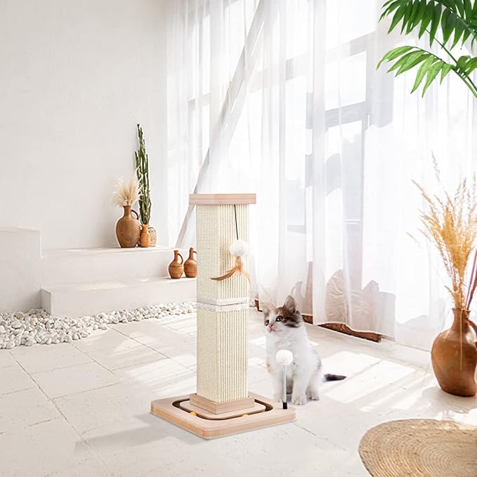 27" Cat Scratching Post, Sisal Cat Scratcher with Interactive Track Balls and Hanging Balls, Vertical Scratching Posts for Indoor Cats and Kittens