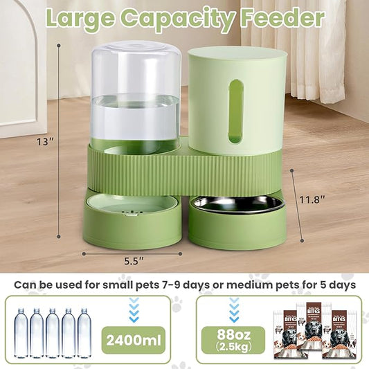 Automatic Dog Cat Water Dispenser Gravity Feeder and Water Dispenser Stainless Steel 2-in-1 Set Large Capacity Dispenser for Pets Dogs, Puppies, Kittens(Green)