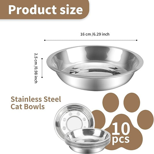 HUOIQUE 10 Pcs 6.2 Inches Stainless Steel Cat Bowls, Whisker Fatigue Cat Bowl for Food and Water, Metal Shallow Cat Dishes