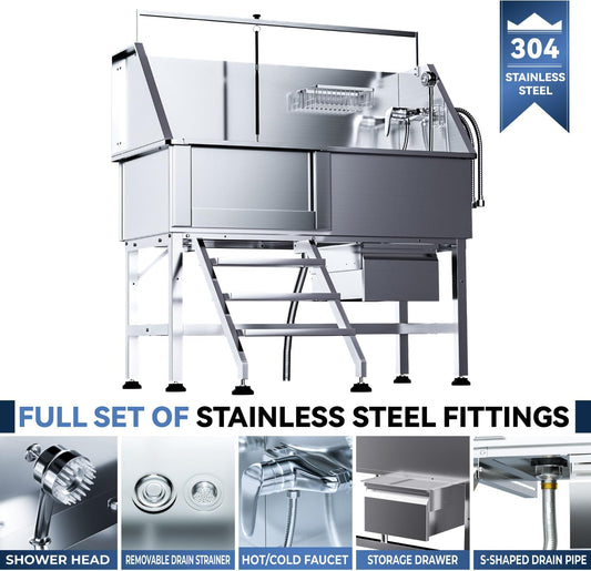 Professional 46" Dog Washing Station, Stainless Steel Dog Bathing Station, Height Adjustable Dog Wash Station, Storage Drawer, Upgrade Parts, Home, Commercial (Left Step)