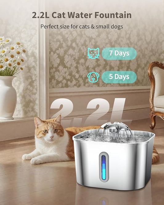 Cat Water Fountain Stainless Steel, 2.2L/74oz Cat Fountain with Quiet Pump, Automatic Pet Water Dispenser, Ideal for Multi-pet Homes, Fresh & Clean Water for Cats and Dogs