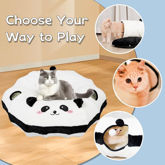 Cat Tunnel Bed for Indoor Cats - Cute Cat Donut with Washable Circle Cushion, Round Pet Play Tunnel Toy,Peekaboo for Kitten, Puppy, Rabbit, Ferret(Panda)
