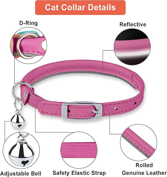 OOPSDOGGY Rolled Leather Cat Collar with Bell, Reflective Kitten Collars with Buckle Include Safety Elastic Strap - Adjustable Small Pet Collars for Boy Girl Cats (Fucsia)