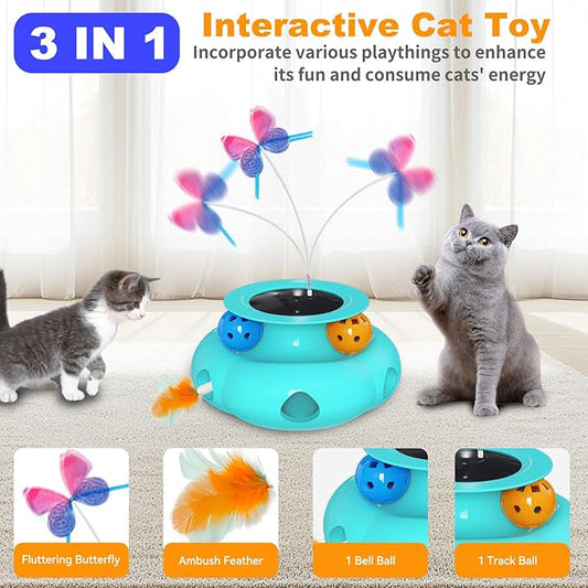 Interactive Cat Toys for Indoor Cats, 3in1 Pet Teaser Toy with Ambush Feather Wand, Fluttering Butterfly and Track Balls, Touch Activated Automatic Kitten Rechargeable Toys