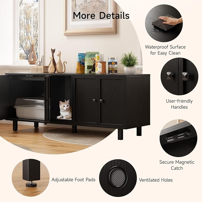 59 Inches Cat Litter Box Enclosure for 2 Cats, Hidden Litter Boxes Furniture with Cat Scratch Pad, Large Indoor Pet House with Double Room, Wooden TV Stand Side Table, Black
