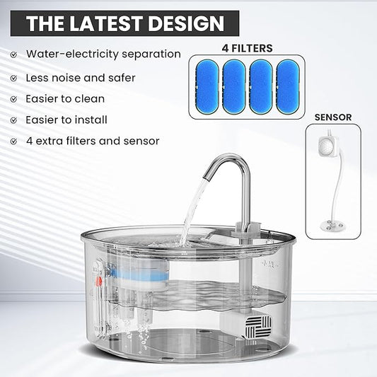 Cat Water Fountain Stainless Steel: 108oz/3.2L Water Fountains for Cats Indoor, Cat Water Fountain, Ultra Quiet, Water Level Window, Dog Water Fountain - 4 Filters - 1 Sensor