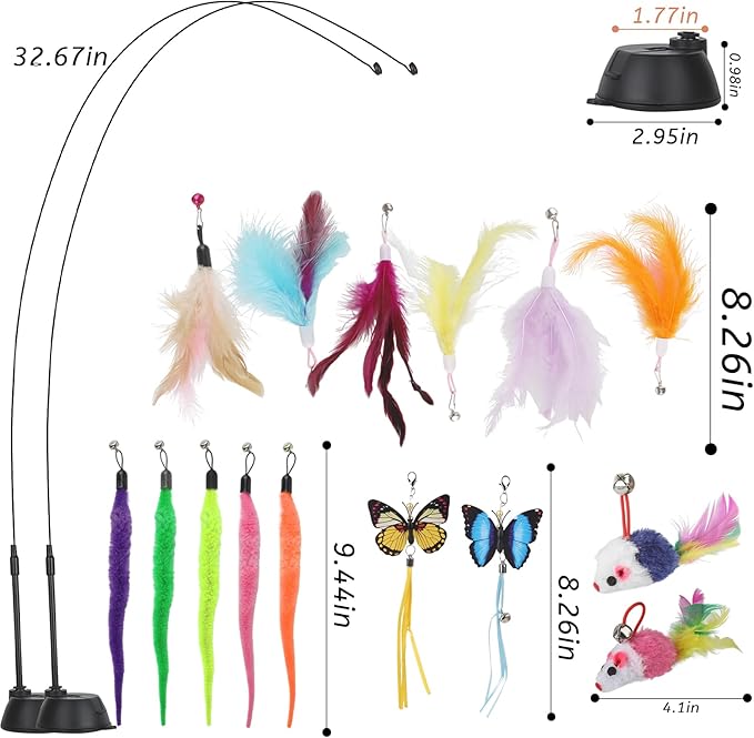 Suction Cup Cat Toys,Interactive Cat Wand with 15Pcs (Feather, Mouse, Butterfly, Worm),Durable Cats Fishing Pole Toy for Indoor Kittens,Fun Stick Toy for Exercise&Play