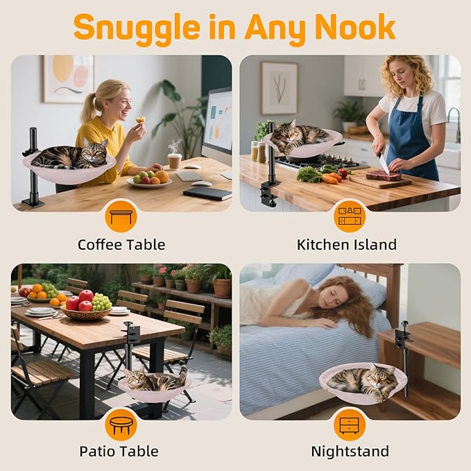 Cat Desk Bed & Perch - Breathable Soft Mesh Cat Hammock Nest for Home Office Desk, 360° Flexible Adjustable, Holds Up to 62 lbs for Gaming/Study Table (Pink)