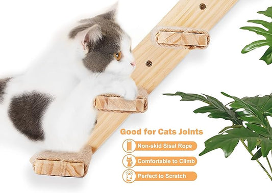 Cat Wall Climbing Shelf, 2 pcs Cat Wall Climber, 4 Step Climbing Stairs, Wall-Mounted Ladder with Sisal Scratching Rope, Perfect Wall Furniture for Perching (CatStairs2P4Steps)