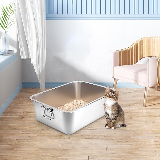Stainless Steel Litter Box with Handle for Cat and Rabbit, 17.5" L x 13.5" W x 6" H, Odor Control Litter Pan, Fold-able Feeding Plate, Non Stick Smooth Surface