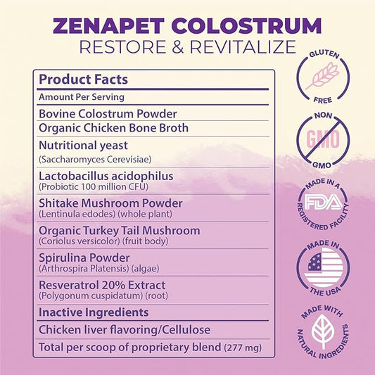 Zenapet Cat Colostrum Plus Superfood Supplement, 240 Day Supply Bovine Colostrum Powder, Cat Probiotic for Immune Support, Digestive Health, Allergy Relief, Joint Support, and Skin/Coat Health