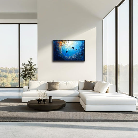 Large Ocean Diving Wall Art for Living Room, Framed Oversized Fish Wall Decor Underwater Marine Life Canvas Painting Modern Artwork for Living Room Bathroom Bedroom Office Dining Room 36"x24"
