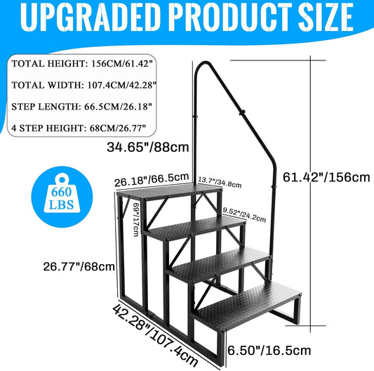 RV Stairs 4 Step Ladder, RV Steps Anti-Slip, Hot Tub Steps with Handrail, 660 lbs RV Ladder for 5th Wheel RV, Mobile Home Stairs