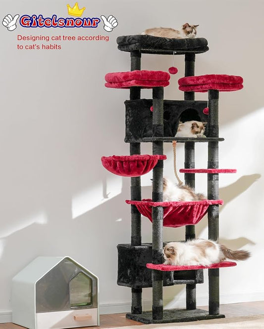 Cat Tree for Indoor Cats Large Adult, 74" Cat Tower for with 3 Big Platforms, 2 Baskets, 2 Condos, Multi-Level Cat Scratching Posts, Black and Red GCT030BR