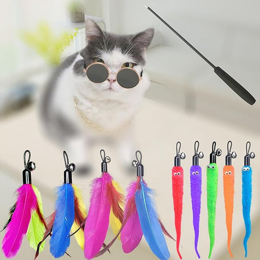ZPH Cat Toys Interactive for Indoor Cats,2PCS Retractable Cat Wand,9PCS Teaser Toys&1PCS Eyeglasses Toy,Interactive Feather Toy for Teaser Play and Chase Exercise with Kitten