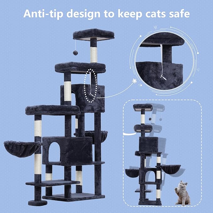 Hey-brother Cat Tree Tower, Scratching Posts with a Extended Part, Wide Platforms, Cozy Condos, Hammocks, Sisal Columns and Ball for Indoor Cats, 70.1 Inches, Smoky Gray MPJ038G