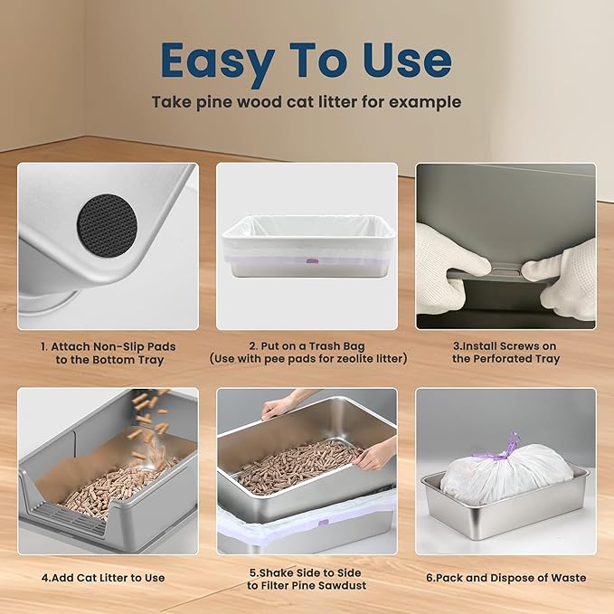 23.6" x 15.7" x 14.7" TIUUBT Stainless Steel Sifting Litter Box for Pine Pellets, XL Sifting Cat Litter Box with Sifter, High Side for Big Cats, Anti-Leakage, Odor Control, Includes Scooper