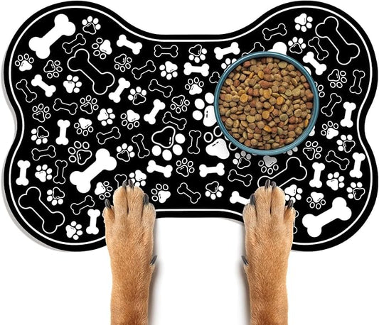 Dog & Cat Food Mat Bone Shaped Pet Feeding Mat Quick Absorb Water Bowl Placemat with Rubber Backing Indoor Floor Stain Resistant Pet Accessory Supplies (Black, 16x24 Inches)