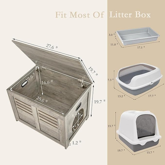 DINZI LVJ Litter Box Enclosure, Flip Top Litter Box Furniture, Good Ventilation, Hidden Cat Washroom, 27.6" L x 19.7" W x 19.7" H, Entrance Can Be on Left or Right, Wooden Cat House, Gray Wash