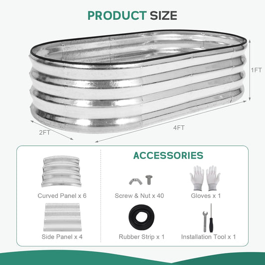 Galvanized Raised Garden Bed - 4×2×1ft (2 Packs) Planter Raised Beds for Gardening | Oval Metal Garden Planter Box with Safety Edging and Gloves for Vegetables Fruits and Flower - Silver